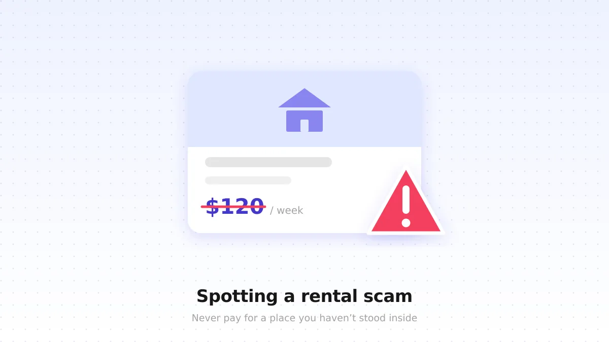 A rental listing card showing an impossibly low price struck through, with a red warning triangle over it