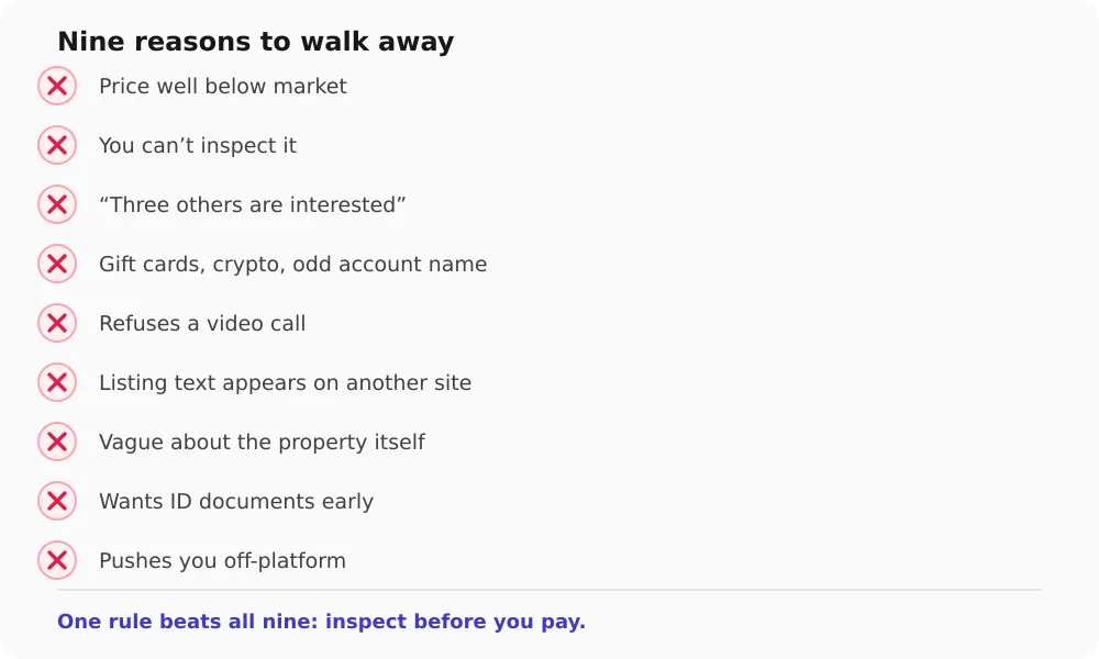 Checklist of nine rental-scam warning signs: price well below market; you cannot inspect it; claims that three others are interested; payment by gift cards, crypto or an odd account name; refuses a video call; listing text appears on another site; vague about the property itself; wants ID documents early; pushes you off-platform. One rule beats all nine: inspect before you pay.